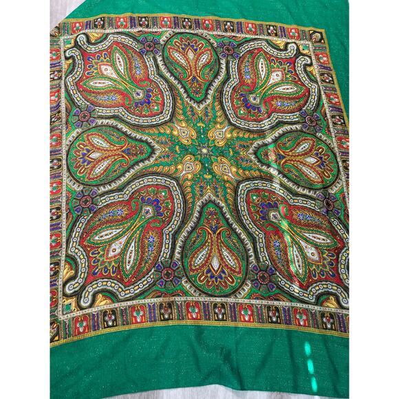 Vintage Paisley Wool Scarf Green Gold Thread Women's‎ Fall - Picture 2 of 6